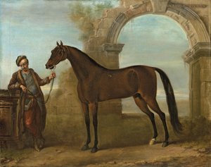 Godolphin Arabien, trzymany przez pana młodego, w krajobrazie ze zrujnowanym łukiem, 1731