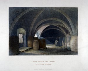 Krypta wypełniona beczkami pod kaplicą w Lambeth Palace, Londyn, 1851. autorstwa John Wykeham Archer
