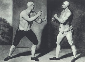 Wcześni brytyjscy bokserzy barefist, John Broughton (po lewej) i George Stevenson walczą w 1741: Broughton wynalazł rękawicę bokserską (mezzotint)