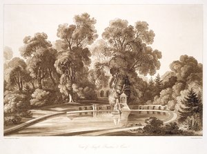Widok na fontannę i jaskinię świątynną, Sezincote, rytowany przez Fredericka Christiana Lewisa seniora. (1779-1856), ok. 1817-18 (akwatinta w sepii) (patrz także 171663)