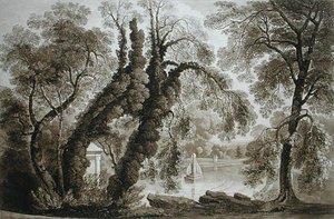 Widok na fontannę świątynną z przeciwnej strony, Sezincote, rytowany przez Fredericka Christiana Lewisa seniora. (1779-1856), ok. 1817-18 (akwatinta w sepii) (patrz także 171661)