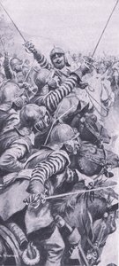 Zaangażowanie kawalerii w bitwie pod Edgehill, 23 października 1642, ilustracja z brytyjskich bitew lądowych i morskich, 1915