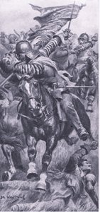 Porucznik John Smith odbiera sztandar królewski w Edgehill, 23 października 1642, ilustracja z brytyjskich bitew na lądzie i morzu, 1915
