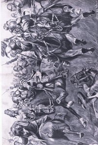 Marston Moor, 2 lipca 1644: Szkocka kawaleria pod dowództwem Leslie, atakująca flankę księcia Ruperta, ilustracja z brytyjskich bitew na lądzie i morzu, 1915