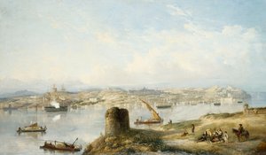 Rozległy widok na Lizbonę na rzece Tejo z Praca do Terreiro do Paco, starą katedrą i Castelo de S. Jorge autorstwa John or Giovanni Schranz