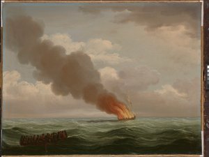 Okręt "Luxborough Galley" spłonął niemal doszczętnie, 25 czerwca 1727 r. autorstwa John the Elder Cleveley