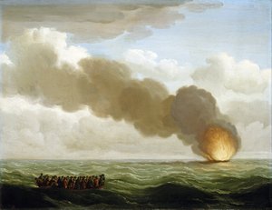 "Załoga galery "Luxborough" w szalupie ratunkowej obserwuje, jak płonący statek tonie na pełnym morzu 25 czerwca 1727 r.". autorstwa John the Elder Cleveley