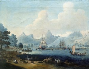 Statki HMS "Resolution" i "Discovery" zakotwiczone w Moorea (Tahiti), podczas wypraw Jamesa Cooka (1728-1779), w których malarz brał udział w latach 1772-1773. autorstwa John the Elder Cleveley
