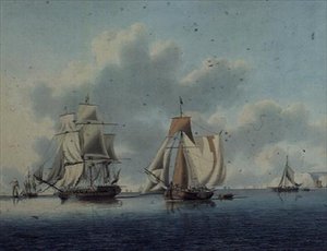 Fregaty i holenderskie łodzie rybackie u wybrzeży wyspy Wight