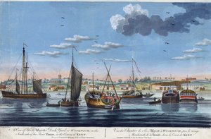 Widok doków królewskich w Woolwich, na lewym brzegu Tamizy (Anglia), w hrabstwie Kent. Akwaforta w kolorach autorstwa Johna Clevely