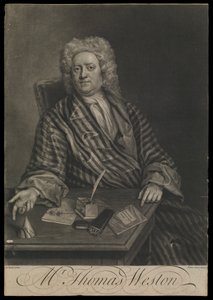Thomas Weston, ok. 1725 (rycina, mezzotinta) autorstwa John the younger Faber