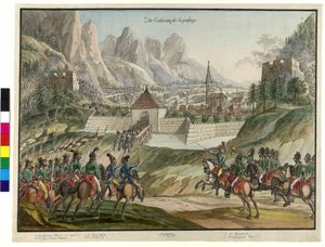 Zdobycie Luziensteig przez wojska austriackie 1799 (akwarela) autorstwa Jokob Placidus Altmutter