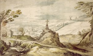 Pejzaż górski z krzyżem (długopis, pranie i toaleta na papierze) autorstwa Joos or Josse de Momper