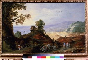 Krajobraz z kaplicą na wzgórzu. Chłopi na pługach chodzą po drogach. Obraz Joosa de Mompera Le Jeune (1564-1635), około 1608-1610. Sztuka flamandzka. Olej na drewnie. Muzeum Sztuk Pięknych im. Puszki