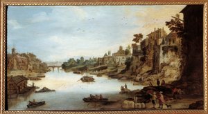 Widok Tybru (Tevere) w Rzymie Dom na palach po lewej stronie. Obraz Josse Mompera II (1564-1635)