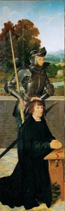 Wczesna sztuka niderlandzka: Święty Jerzy i Donor (skrzydlaty ołtarz, lewy panel) par Cleve, Joos van (ok. 1485-1540), ok. 1530. Olej na drewnie, 94,5x30. Muzeum Historii Sztuki, Wiedeń autorstwa Joos van Cleve