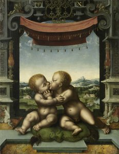 Niemowlęta w objęciach Chrystusa i św. Jana Chrzciciela, 1520-25 autorstwa Joos van Cleve