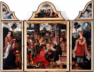 Tryptyk Adoracji Trzech Króli. Obraz na drewnie – Joos Van Cleve młody (1485-1540) 1515 Wym. 260x200 cm Geny, kościół San Donato autorstwa Joos van Cleve
