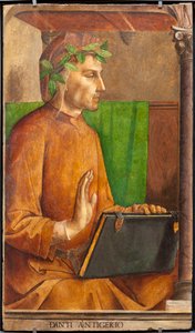 Wizerunek Dantego Alighieri (1265-1321), poety, włoskiego pisarza, autora Boskiej Komedii, nakrycie głowy liripion - Obraz Juste z Gandawy (Joos van Wassenhove) (ok. 1435-ok. 1475) i Pedro Berruguete (ok. 1450- przed 1504), część zbioru 2 autorstwa Joos van Gent (fl.1460 75)