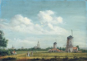 Widok na Arnhem z St. Walburgiskerk po lewej i Grote Kerk po prawej, nieopodal elegancki deptak mieszczański, 1776