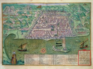 Mapa Algieru z „Civitates Orbis Terrarum” Georga Brauna (1541-1622) i Fransa Hogenberga (1535-90), ok.1572 (kolorowa rycina)