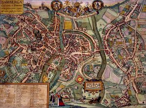 Mapa Bambergu z „Civitates Orbis Terrarum” Georga Brauna (1541-1622) i Fransa Hogenberga (1535-90) c.1572-1617 (kolorowa rycina)