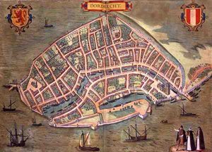 Mapa Dordrechtu z „Civitates Orbis Terrarum” Georga Brauna (1541-1622) i Fransa Hogenburga (1535-90), ok.1572 (kolorowa rycina) autorstwa Joris (after) Hoefnagel