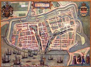 Embdeno žemėlapis iš Georgo Brauno (1541–1622) ir Franso Hogenburgo (1535–90) „Civitates Orbis Terrarum“, apie 1572 m. (spalvota graviūra)polis autorstwa Joris (after) Hoefnagel