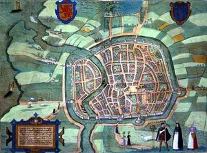 Mapa Haarlemu z „Civitates Orbis Terrarum” Georga Brauna (1541-1622) i Fransa Hogenburga (1535-90), ok.1572 (kolorowa rycina)