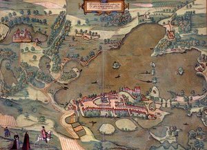 Mapa Plon z „Civitates Orbis Terrarum” Georga Brauna (1541-1622) i Fransa Hogenberga (1535-90) 1593 (kolorowa rycina)