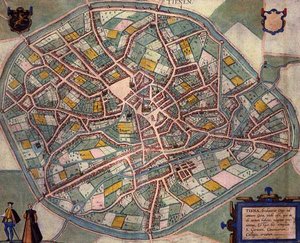 Mapa Tienen z „Civitates Orbis Terrarum” Georga Brauna (1541-1622) i Fransa Hogenberga (1535-90) c.1572-1617 (kolorowa rycina) autorstwa Joris (after) Hoefnagel