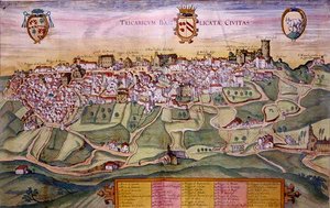 Mapa Tricarico, z „Cities of the World” Georga Brauna (1541-1622) i Fransa Hogenberga (1535-90) c.1572-1617 (kolorowa rycina)