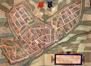 Mapa Wesel z „Civitates Orbis Terrarum” Georga Brauna (1541-1622) i Fransa Hogenberga (1535-90) c.1572-1617 (kolorowa rycina)