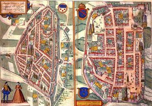 Mapy Chartres i Dunois z „Civitates Orbis Terrarum” Georga Brauna (1541-1622) i Fransa Hogenberga (1535-90) c.1572-1617 (kolorowa rycina) autorstwa Joris (after) Hoefnagel