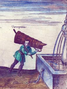 Uczeń pobierający wodę z fontanny, 1598 ręcznie kolorowany miedziany detal 324184 autorstwa Joris Hoefnagel