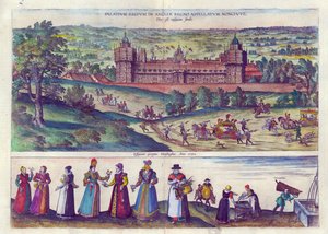Przybycie królowej Elżbiety I do Pałacu Nonsuch oraz mężczyzn i kobiet ze społeczeństwa Tudorów, 1598 (ręcznie kolorowane miedzioryty) autorstwa Joris Hoefnagel