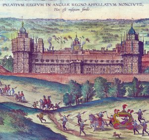Przybycie królowej Elżbiety I do Pałacu Nonsuch, 1598 ręcznie kolorowany miedziany detal 324184 autorstwa Joris Hoefnagel