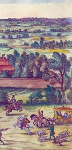 Dworzanie i psy myśliwskie towarzyszące przybyciu królowej Elżbiety I do pałacu Nonsuch, 1598 r. miedzioryt ręcznie kolorowany, detal z 324184 autorstwa Joris Hoefnagel