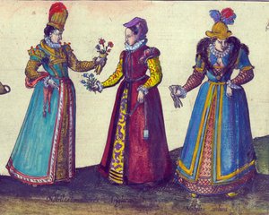 Angielskie kobiety z epoki elżbietańskiej, 1598 ręcznie kolorowany miedzioryt szczegół z 324184 autorstwa Joris Hoefnagel