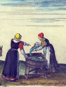 Rybaczki sprzedające i patroszące szczupaki, 1598 ręcznie kolorowany miedziany detal 324184 autorstwa Joris Hoefnagel