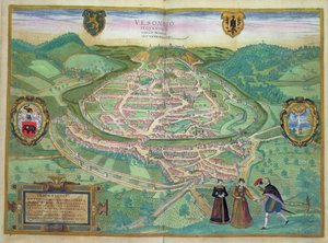 Mapa Besancon, z „Civitates Orbis Terrarum” Georga Brauna (1541-1622) i Fransa Hogenberga (1535-90), 1575 (kolorystyka)