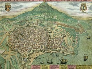 Mapa Katanii, z "Civitates Orbis Terrarum" autorstwa Georga Brauna (1541-1622) i Fransa Hogenberga (1535-90), ok. 1572 r.