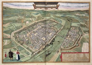 Mapa Frankfurtu z „Civitates Orbis Terrarum” Georga Brauna (1541-1622) i Fransa Hogenberga (1535-90), ok.1572 (kolorystyka)