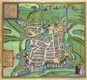 Mapa La Rochelle z „Civitates Orbis Terrarum” Georga Brauna (1541-1622) i Fransa Hogenberga, ok. 1572 (kolorowe grawerowanie)
