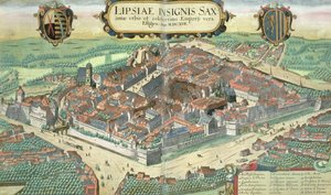 Mapa Lipska z „Civitates Orbis Terrarum” Georga Brauna (1541-1622) i Fransa Hogenberga (1535-90), ok.1572 (kolorystyka)