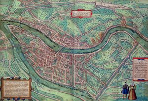 Mapa Lyonu z „Civitates Orbis Terrarum” Georga Brauna (1541-1622) i Fransa Hogenberga (1535-90), ok.1572 (kolorystyka)