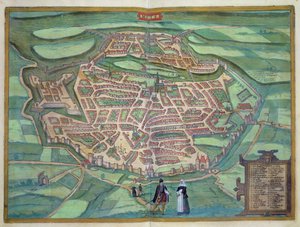 Mapa Metz, z „Civitates Orbis Terrarum” Georga Brauna (1541-1622) i Fransa Hogenberga (1535-90), ok.1572 (kolorystyka)