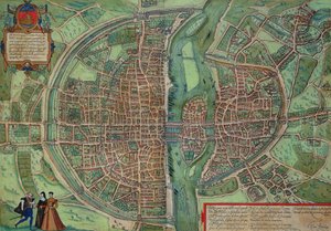 Mapa Paryża z „Civitates Orbis Terrarum” Georga Brauna (1541-1622) i Fransa Hogenberga (1535-90), ok.1572 (kolorystyka)
