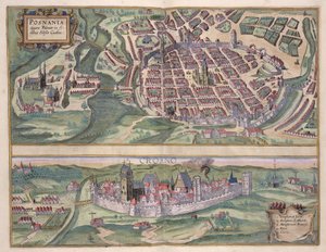 Mapa Poznania i Gruczna z „Civitates Orbis Terrarum” Georga Brauna (1541-1622) i Fransa Hogenberga (1535-90) c.1572-1617