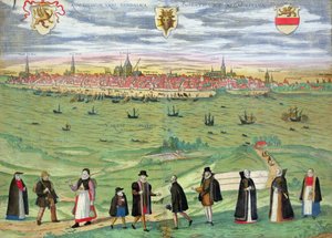 Mapa Rostocku, z „Civitates Orbis Terrarum” Georga Brauna (1541-1622) i Fransa Hogenberga (1535-90) c.1572-1617